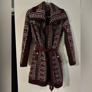 White House Black Market Maroon and Cream Sweater with Tie Belt